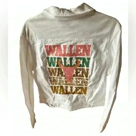LuLaRoe Jackets & Blazers - Lularoe large custom Morgan Wallen white brushed cotton‎ denim Moto jacket.